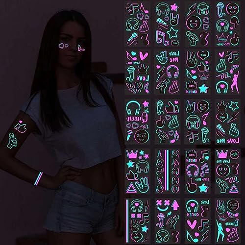 Music Festival Glow in the Dark Tattoos - 20 Sheets with 160 Designs