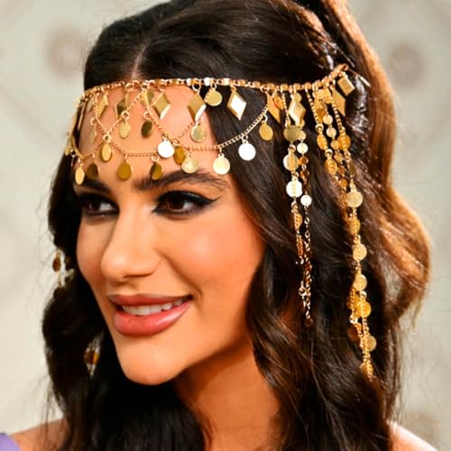 Kilshye Gold Sequin Tassel Head Chain Festival Costume Hair Jewelry