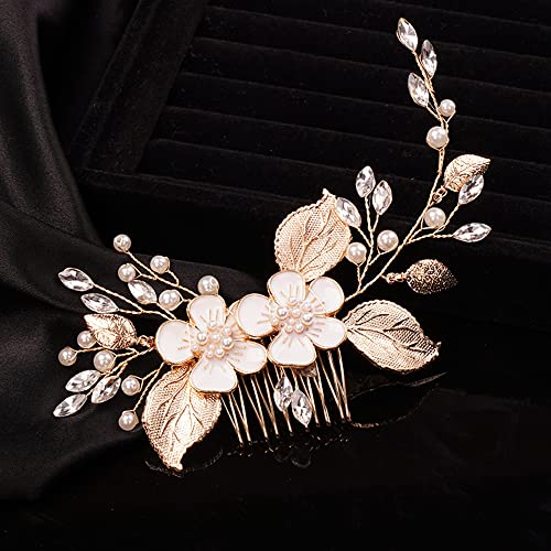 Gold Crystal Flower & Leaf Bridal Hair Comb for Wedding and Parties