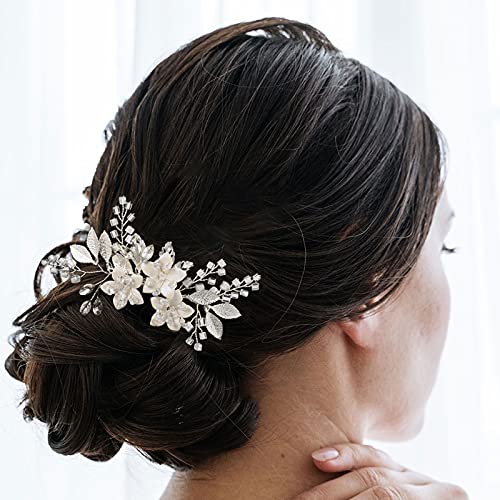 SWEETV Silver Bridal Hair Comb Clip with Crystal Flowers