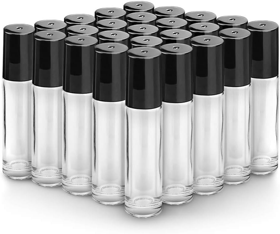 Essential Oil Roller Bottles - 4 Pack 10ml Amber Glass with Stainless Steel Caps | Travel Perfume & Lip Gloss