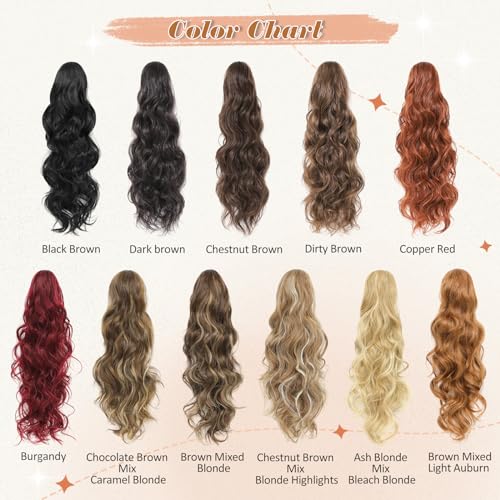 MORICA 24 Inch Curly Ponytail Extension with Claw Clip, Chestnut Brown Mix Blonde Highlights