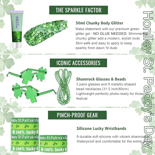 Green St. Patrick’s Day Party Accessories Outfit for Women - Beads, Glasses & Glitter - HONLLEY