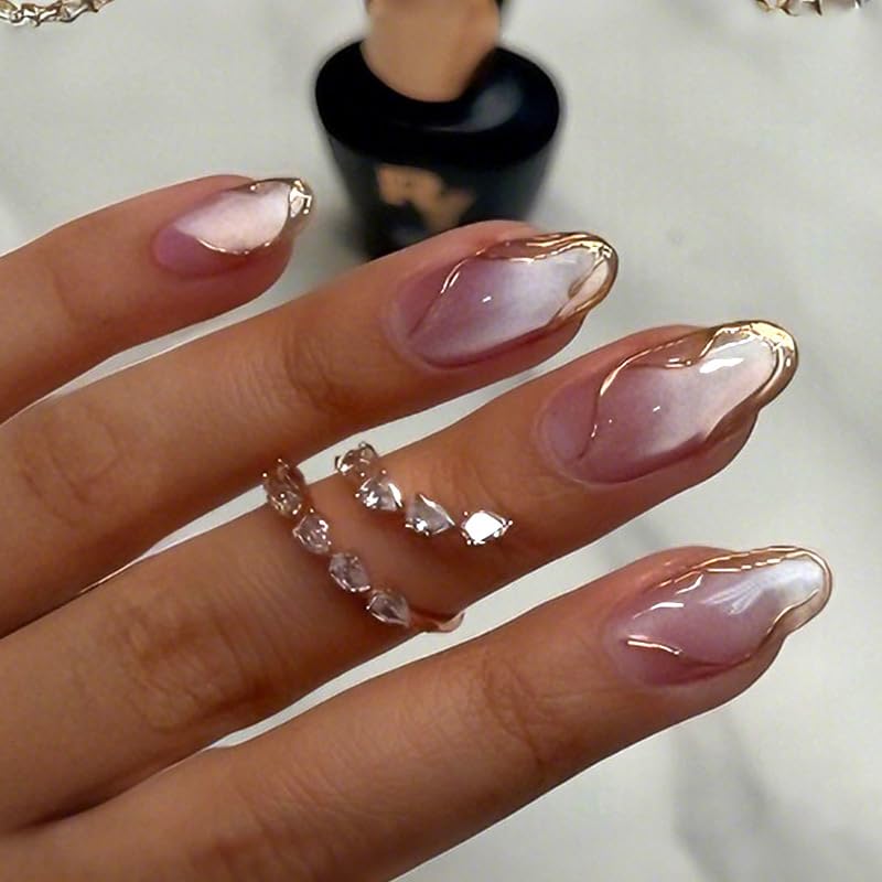 Press On Nails - Short Almond French Tip with Blue 3D Flowers | Glossy Acrylic Beach Designs for Women