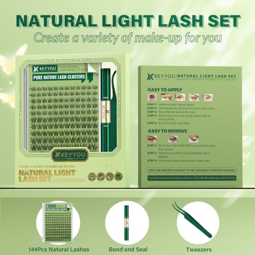 KEYYOU Wispy Lash Clusters Kit N01, 8-16mm D Curl Natural Lashes for Beginners