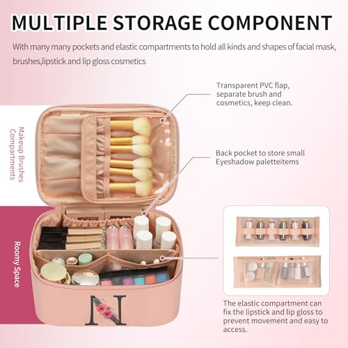 Personalized Initial Makeup Bag - Pink Travel Organizer with Brush Holder