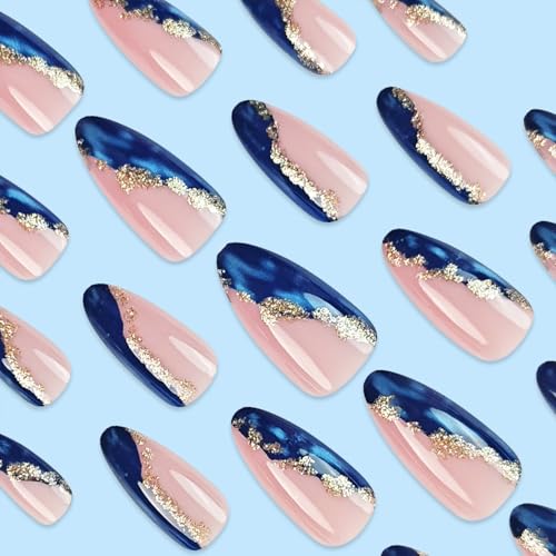 Blue Marble Gold Foil Press On Nails - Medium Almond Shape, 24 Pcs
