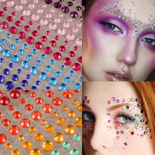 Rainbow & Clear Self-Adhesive Rhinestone Face & Body Gems - 1345 Pcs for Makeup, Nails, Hair & DIY Crafts