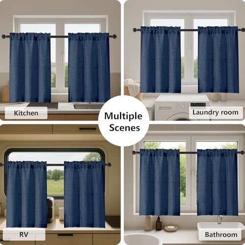 Gwine Navy Blue Short Kitchen Curtains - 30 Inch Light Filtering Drapes, 2 Panels