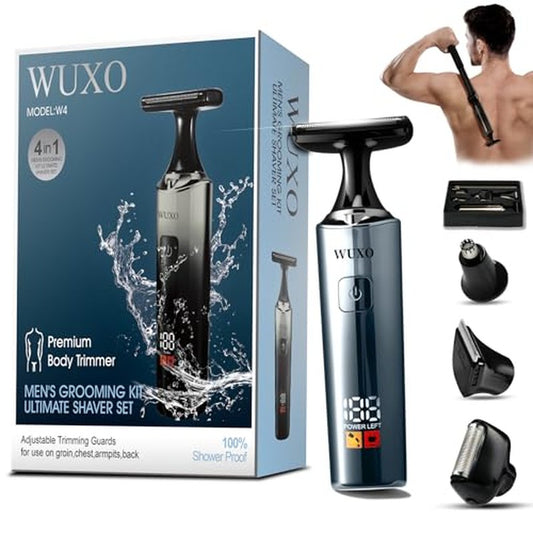 Electric Groin Hair Trimmer, LED Display Back Shaver for Men, Safety Lock, IPX7 Waterproof Wet/Dry Clippers, Rechargeable with Long Handle, Multi-Functional Back Trimmer for Men,(Pure Silver)
