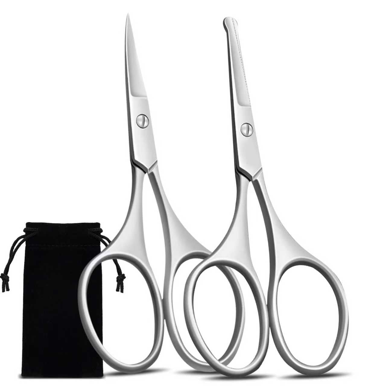 Facial Hair Scissors for Men Women - Eyebrow, Nose Hair, Beard, Eyelashes, Moustache, Ear Hair Trimming Kit, Curved and Rounded Safety Tips-2PCS Silver