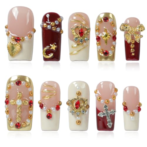 Tesytto Handmade Red Baroque Press on Nails, Medium Square Gothic Glue on Set