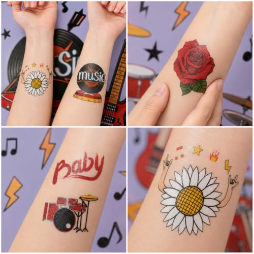 Kids & Teens Rock-Themed Temporary Tattoos Pack - 96 Sheets for Parties & Events