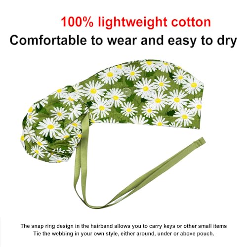 Aoolii Care Green Chrysanthemum Scrub Cap with Buttons & Sweatband - Adjustable Tie Back, One Size