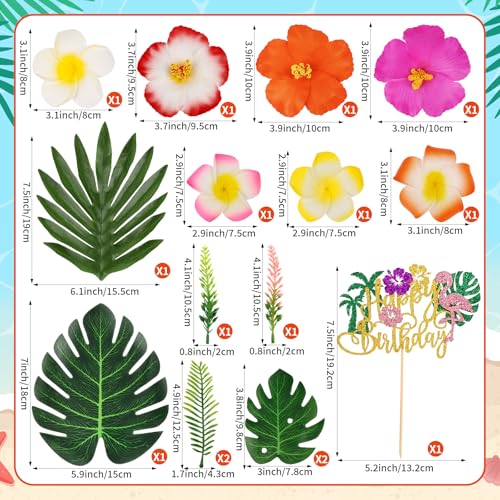 16PCS Tropical Hawaiian Flower Cake Toppers for Summer Parties