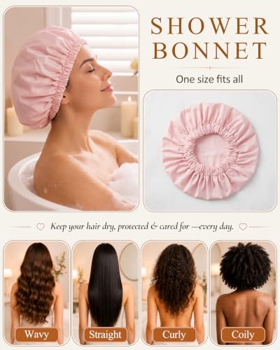 Edoneery Reusable Waterproof Shower Cap for Women Pink & Black