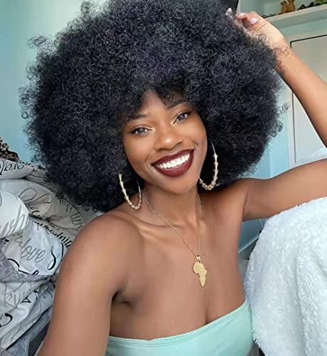 ANNISOUL Black Short Curly Afro Wig with Bangs for Women - 70s Style