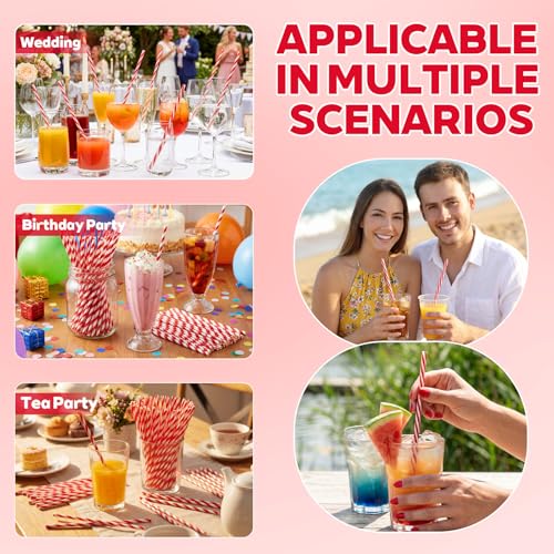 Honeydak 50 Pcs Red and White Stripe Reusable Drinking Straws