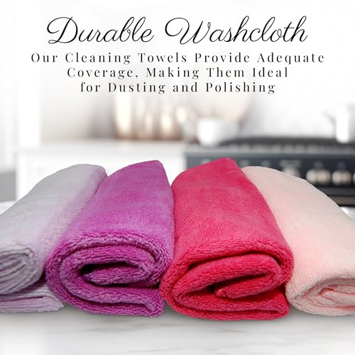 EcoSol Designs Microfiber Cleaning Towels - 4 Pack with Hanging Loops in Pink Dark, Pink Light, Purple & Lavender, 12x12 Inch