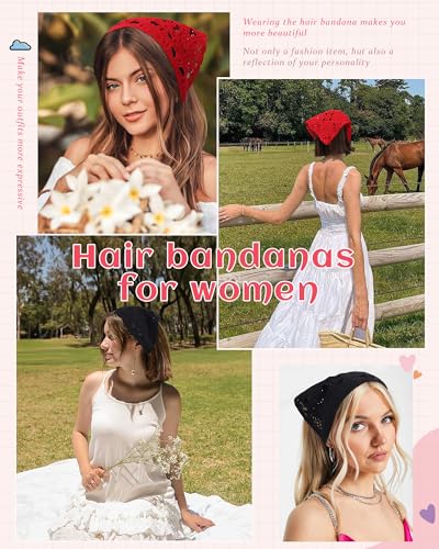 Boho Crochet Hair Bandanas for Women - Black & Red (2 Pcs)