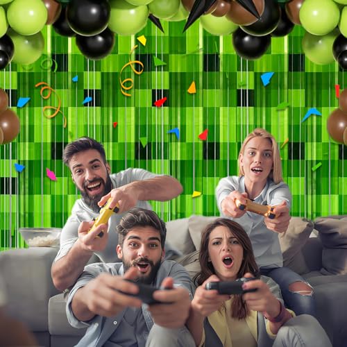 Green Pixel Foil Fringe Curtains - 2 Pack Video Game Party Backdrop
