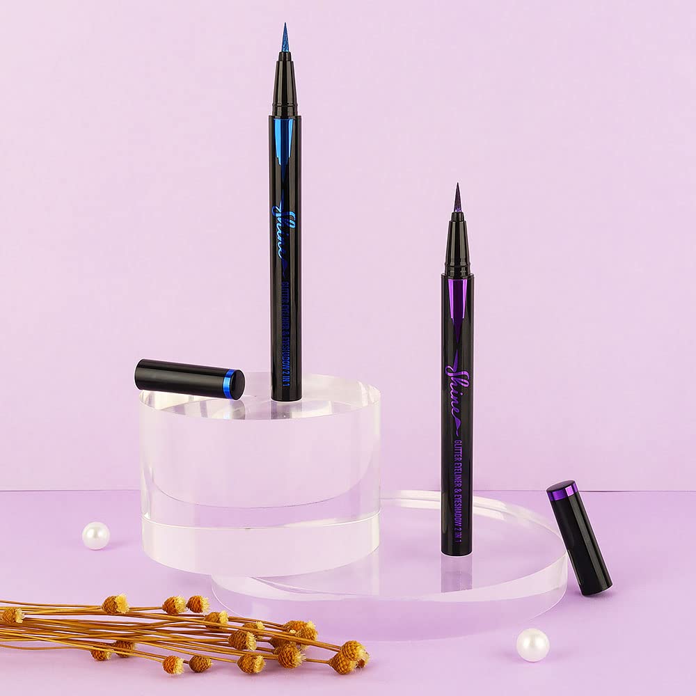 evpct 2Pcs Royal Blue & Purple Glitter Colored Liquid Eyeliner Eye Shadow Makeup Pencil Set, Purple Blue Face Body Glitter Makeup Fake Eyelashes Mascara, Sparkle Metallic Shimmer Eyeliner Waterproof