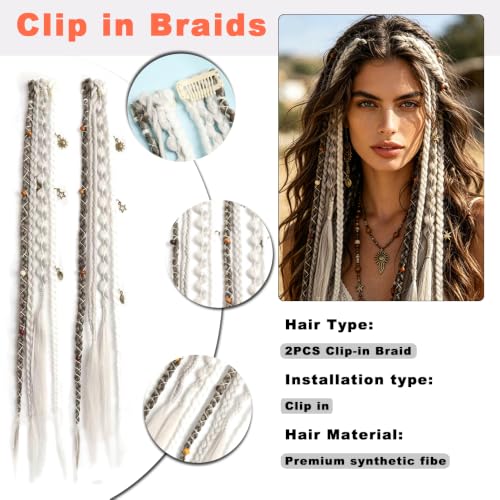 Eliza 16" Clip-In Braid Hair Extensions - Mixed Gray Boho Dreadlocks