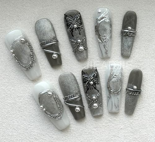 JIEADJIE Handmade Press On Nails - Mid-Length Black Butterfly Art