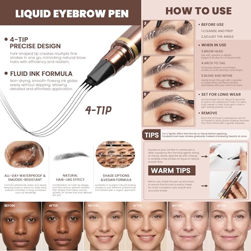 2 Pack Eyebrow Pen, Waterproof Microblading Eyebrow Pencil, 4 Tip Precise Eye Brow Makeup Pen for Women to Effortlessly Create Hair Like Natural Brows, Non Dry Out and Last All Day (Dark Brown)