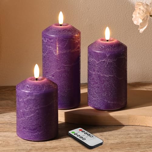 Purple Flameless Pillar Candles with Remote Control - Set of 3