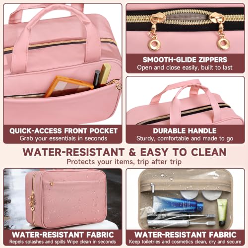 Voyree Hanging Travel Toiletry Bag for Women - Large Makeup Organizer with Clear Pockets (Pink, Medium)