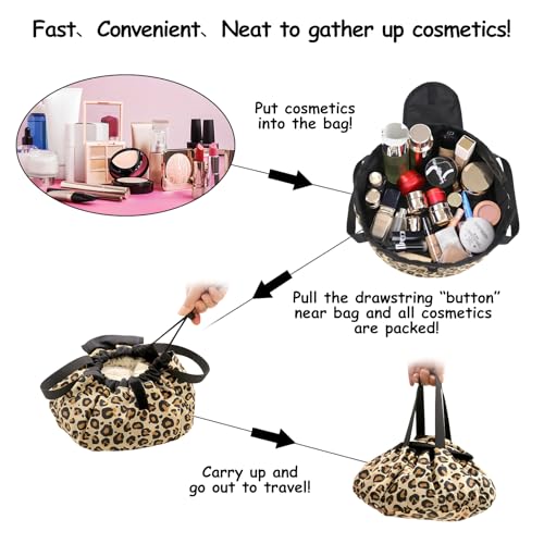 SUMBABO Leopard Drawstring Makeup Bag with Brush Holder, Travel Cosmetic Organizer