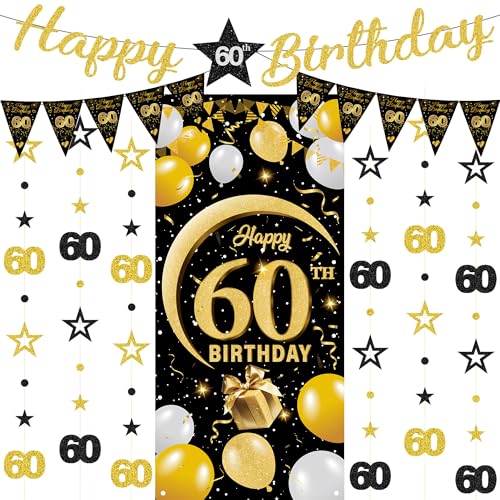 60th Birthday Decorations Set - Black Gold Banner & Swirls