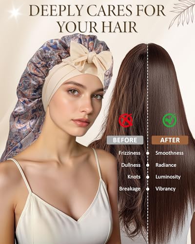 AWAYTR Long Satin Bonnet for Sleeping - Cashew Flower Reversible Sleep Cap
