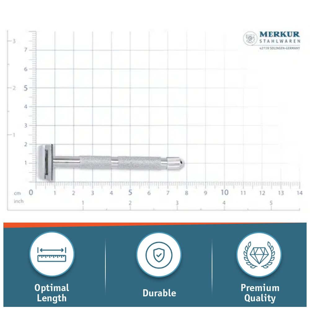 MERKUR 907C Precision Moustache & Eyebrow Razor – Bright Chrome Finish, Brass Handle & Die-Cast Zinc Head, Ultra-Narrow Design for Controlled Contour Shaping & Detail Grooming