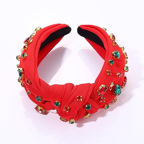HSWE Red Crystal Knotted Christmas Headband for Women & Girls Holiday Party Accessory