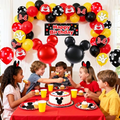 64 Pcs Cartoon Themed Black Red Yellow Balloons - 12 Inch Party Decor