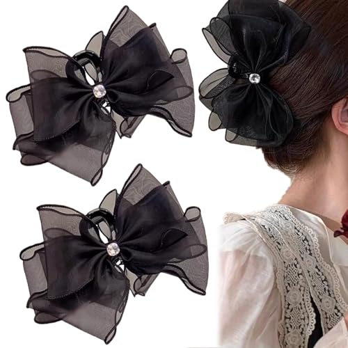 Large Black Mesh Tulle Bow Hair Claw Clips with Diamonds - 2 PCS