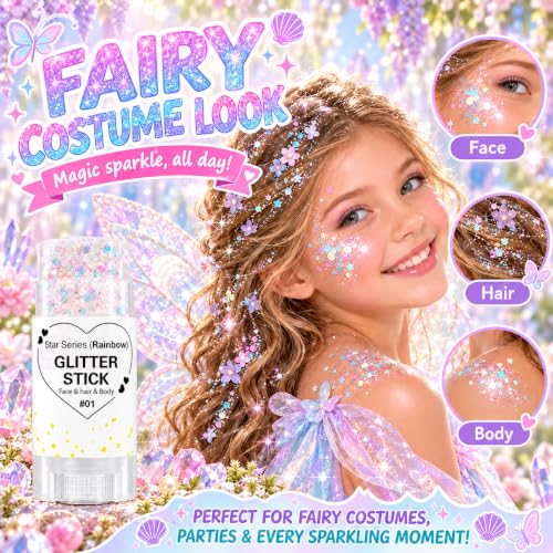 01Rainbow Rainbow White Hair Glitter Stick for Kids & Adults - Face, Body & Hair Sparkle