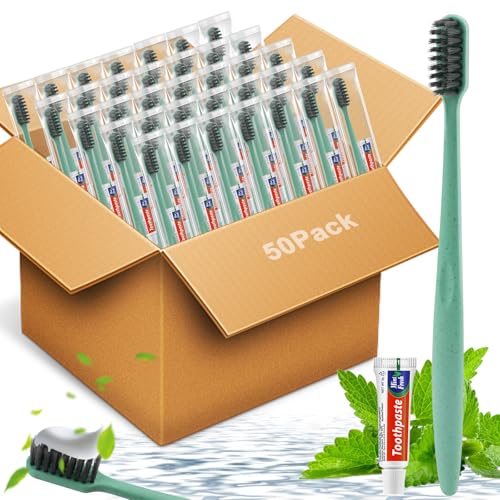 HOFASON Disposable Toothbrushes with Toothpaste, 50 Pack Travel Set