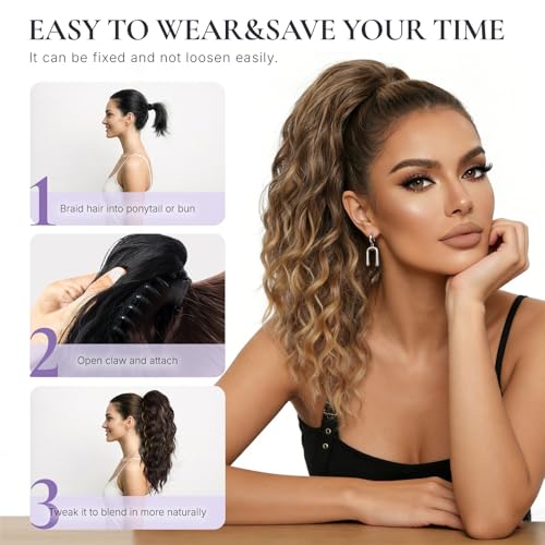ZQIAN BEAUTY 18-Inch Curly Wavy Ponytail Extension - Ash Blonde with Blonde Ends