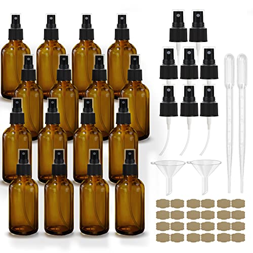 GIVAMEIHF 4oz Amber Glass Spray Bottles Set of 16 with Nozzles Funnels & Labels