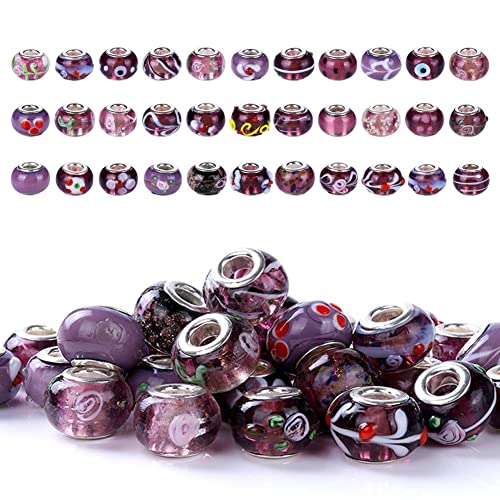 AIPRIDY Murano Glass Beads 10x15mm with Silver Brass Cores - DIY Jewelry Making (50 Pack, Purple)