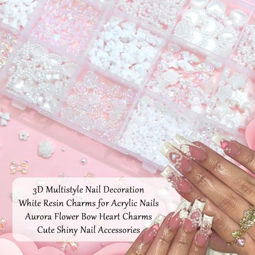 RODAKY White 3D Nail Charms Set with Bows Hearts Butterflies Assorted Decorations