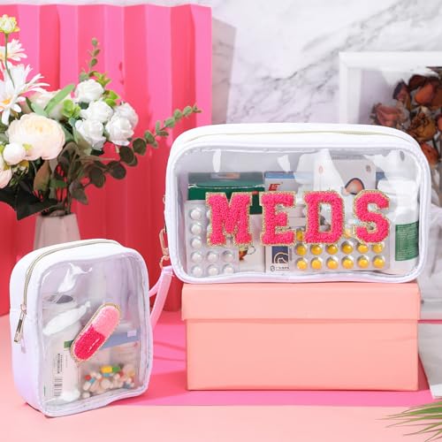 Hillban 2-Piece Preppy Chenille Letter Medicine Bag Set, Clear Travel Organizer