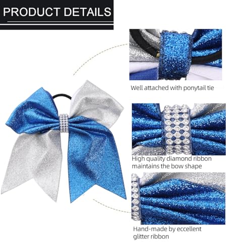 Hipcheer Glitter Blue Silver Cheer Bow - 8 Inch Jumbo Ponytail Hair Accessories for Girls & Cheerleaders