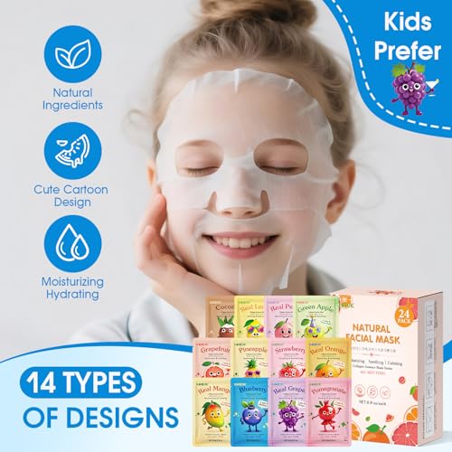 KONEUK 24 Pack Fruit Cartoon Face Mask Set, Collagen Hydrating Skincare