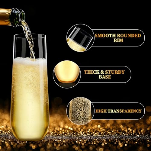 GuanQiao 12 Pack 9oz Stemless Plastic Champagne Flutes - Shatterproof & Reusable
