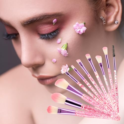 WLLHYF 10-Piece Glitter Crystal Makeup Brush Set - Bling Brushes for Foundation, Eyeshadow, and Blush