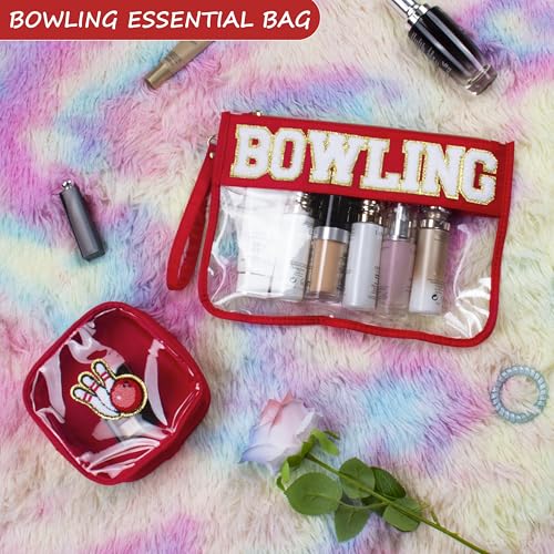 BuyCard 2 Pack Bowling Makeup Bags with Chenille Letter Patch - Red, Waterproof PVC Cosmetic Organizer for Travel & Gifts